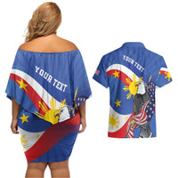 Personalized Filipino-American Couples Matching Off Shoulder Short Dress and Hawaiian Shirt Philippines Coat Of Arms with Bald Eagle LT9 - Polynesian Pride