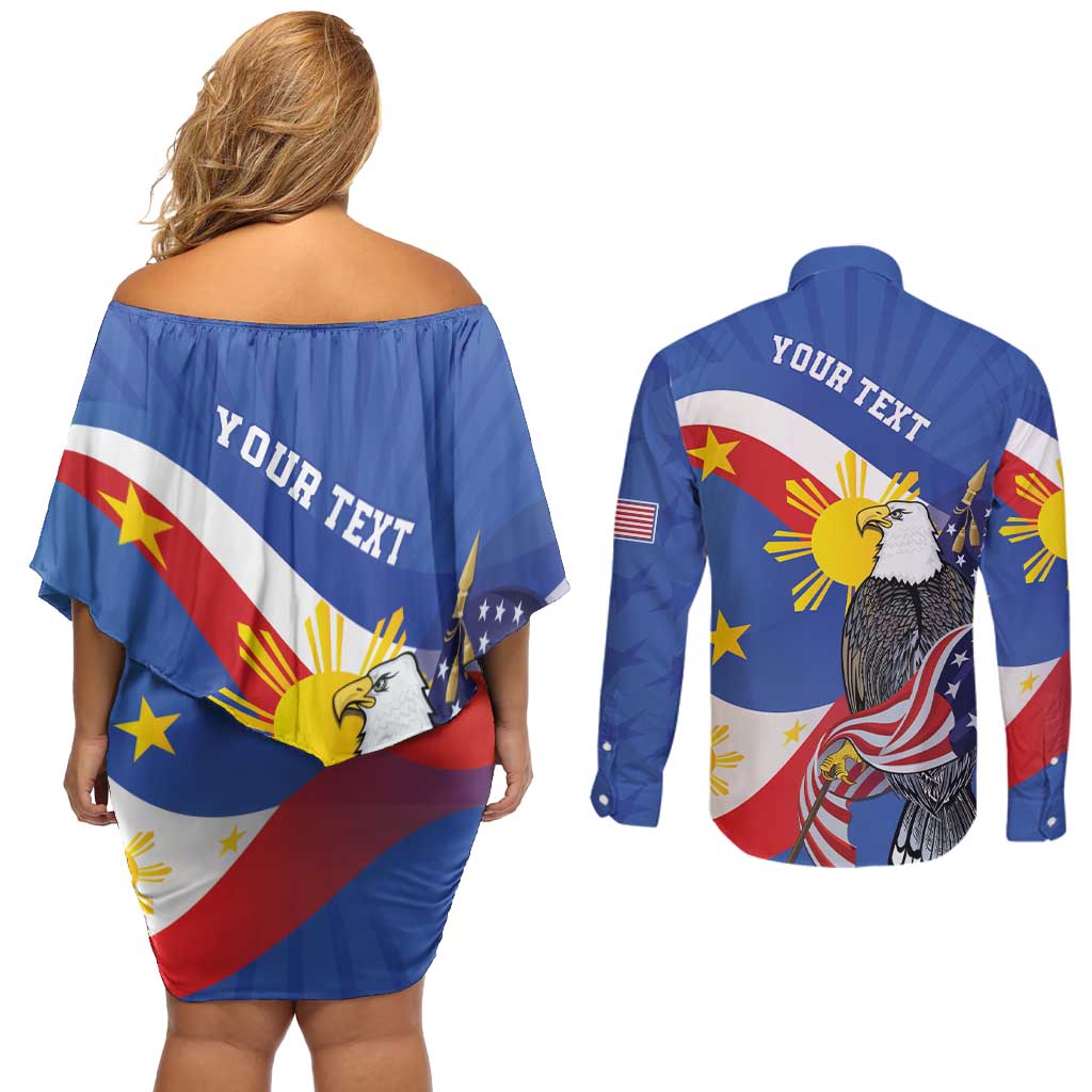 Personalized Filipino-American Couples Matching Off Shoulder Short Dress and Long Sleeve Button Shirt Philippines Coat Of Arms with Bald Eagle LT9 - Polynesian Pride
