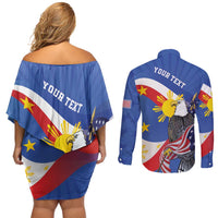 Personalized Filipino-American Couples Matching Off Shoulder Short Dress and Long Sleeve Button Shirt Philippines Coat Of Arms with Bald Eagle LT9 - Polynesian Pride