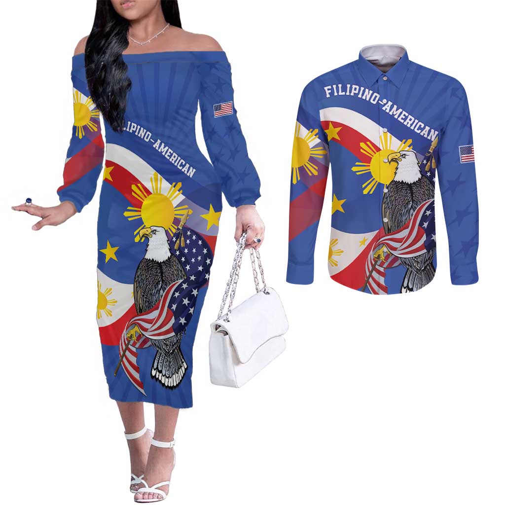 Personalized Filipino-American Couples Matching Off The Shoulder Long Sleeve Dress and Long Sleeve Button Shirt Philippines Coat Of Arms with Bald Eagle LT9 White - Polynesian Pride