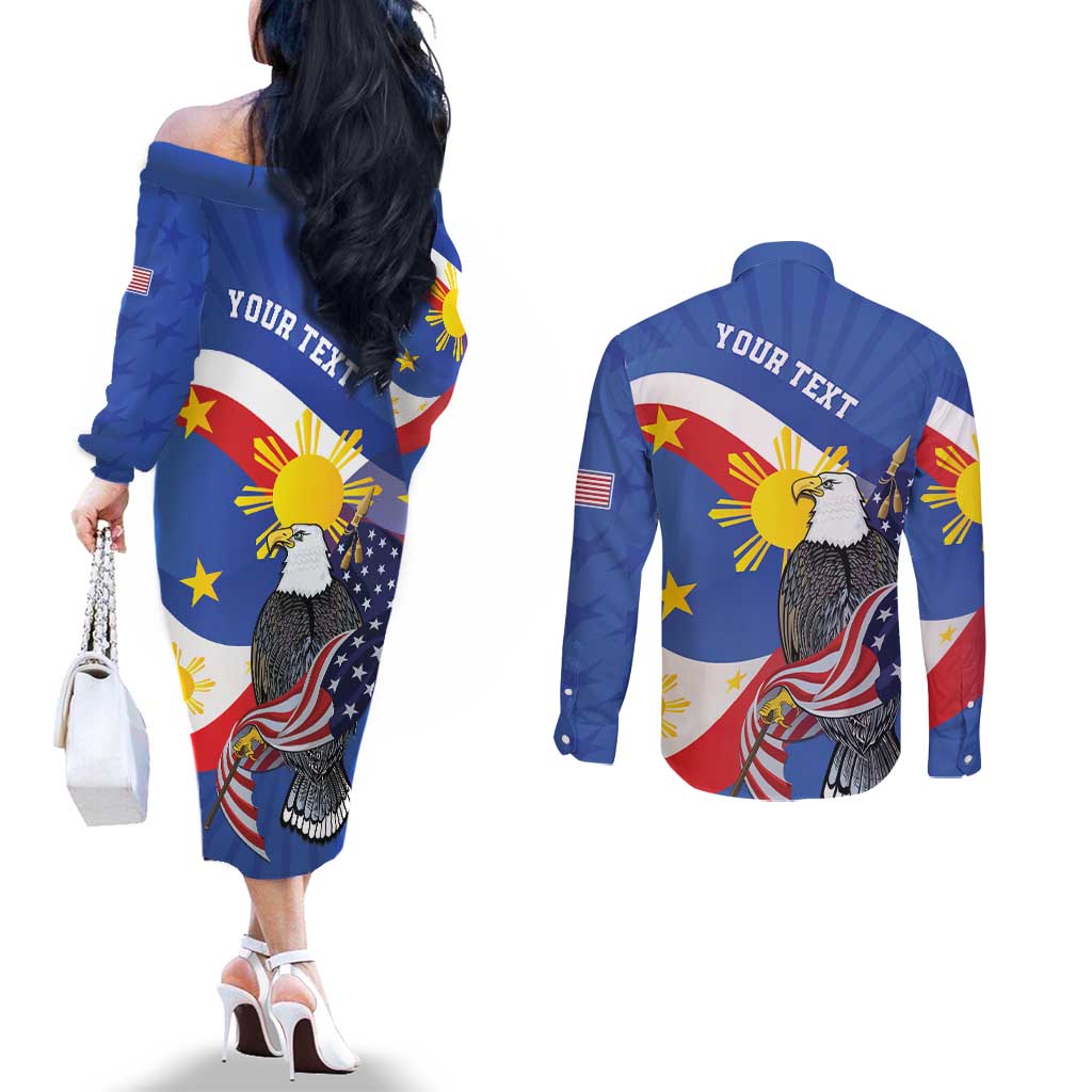 Personalized Filipino-American Couples Matching Off The Shoulder Long Sleeve Dress and Long Sleeve Button Shirt Philippines Coat Of Arms with Bald Eagle LT9 - Polynesian Pride