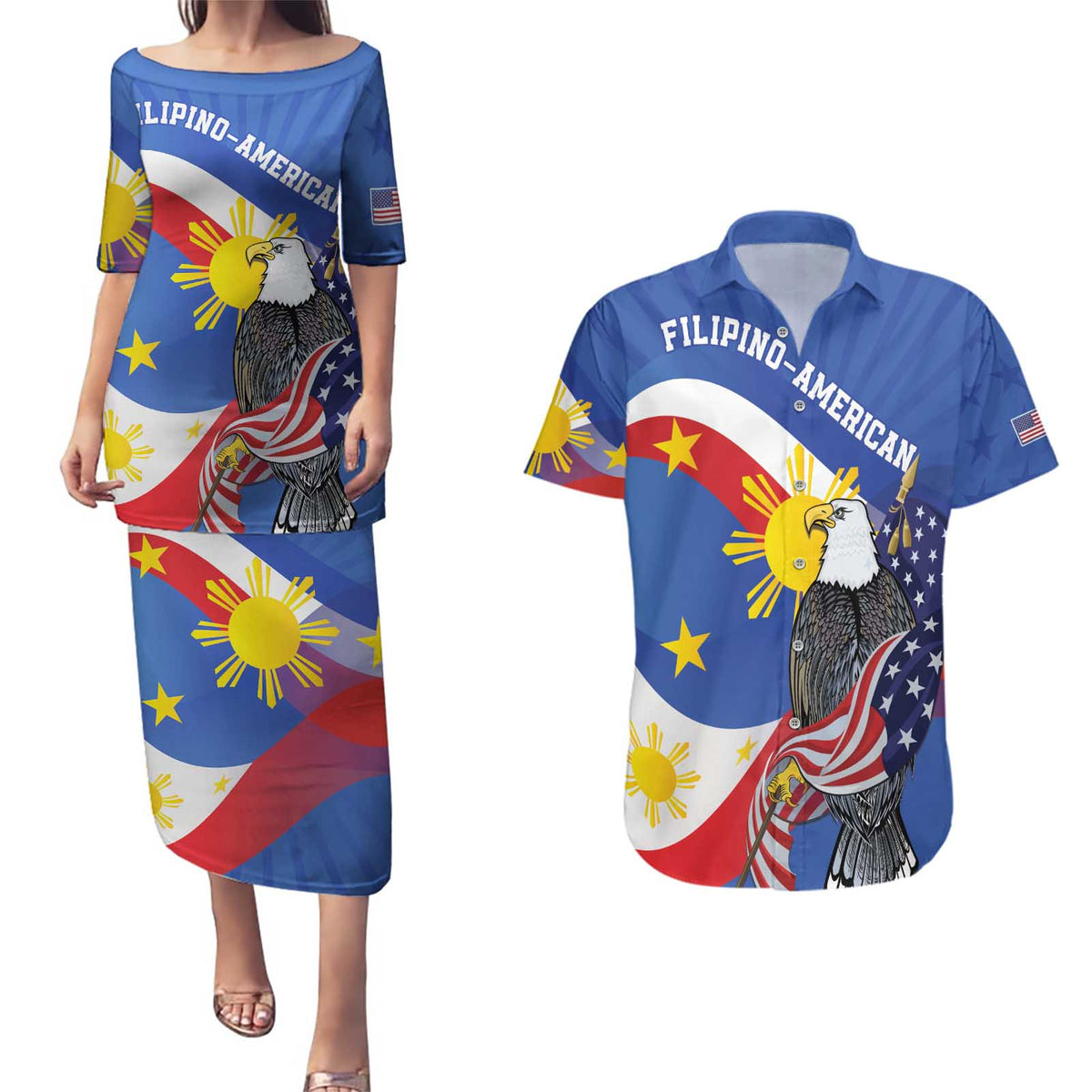Personalized Filipino-American Couples Matching Puletasi and Hawaiian Shirt Philippines Coat Of Arms with Bald Eagle LT9 White - Polynesian Pride