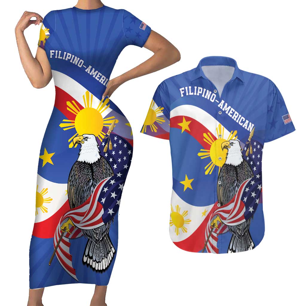 Personalized Filipino-American Couples Matching Short Sleeve Bodycon Dress and Hawaiian Shirt Philippines Coat Of Arms with Bald Eagle LT9 White - Polynesian Pride