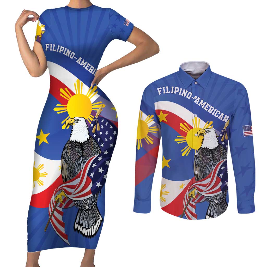 Personalized Filipino-American Couples Matching Short Sleeve Bodycon Dress and Long Sleeve Button Shirt Philippines Coat Of Arms with Bald Eagle LT9 White - Polynesian Pride