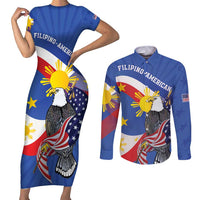 Personalized Filipino-American Couples Matching Short Sleeve Bodycon Dress and Long Sleeve Button Shirt Philippines Coat Of Arms with Bald Eagle LT9 White - Polynesian Pride