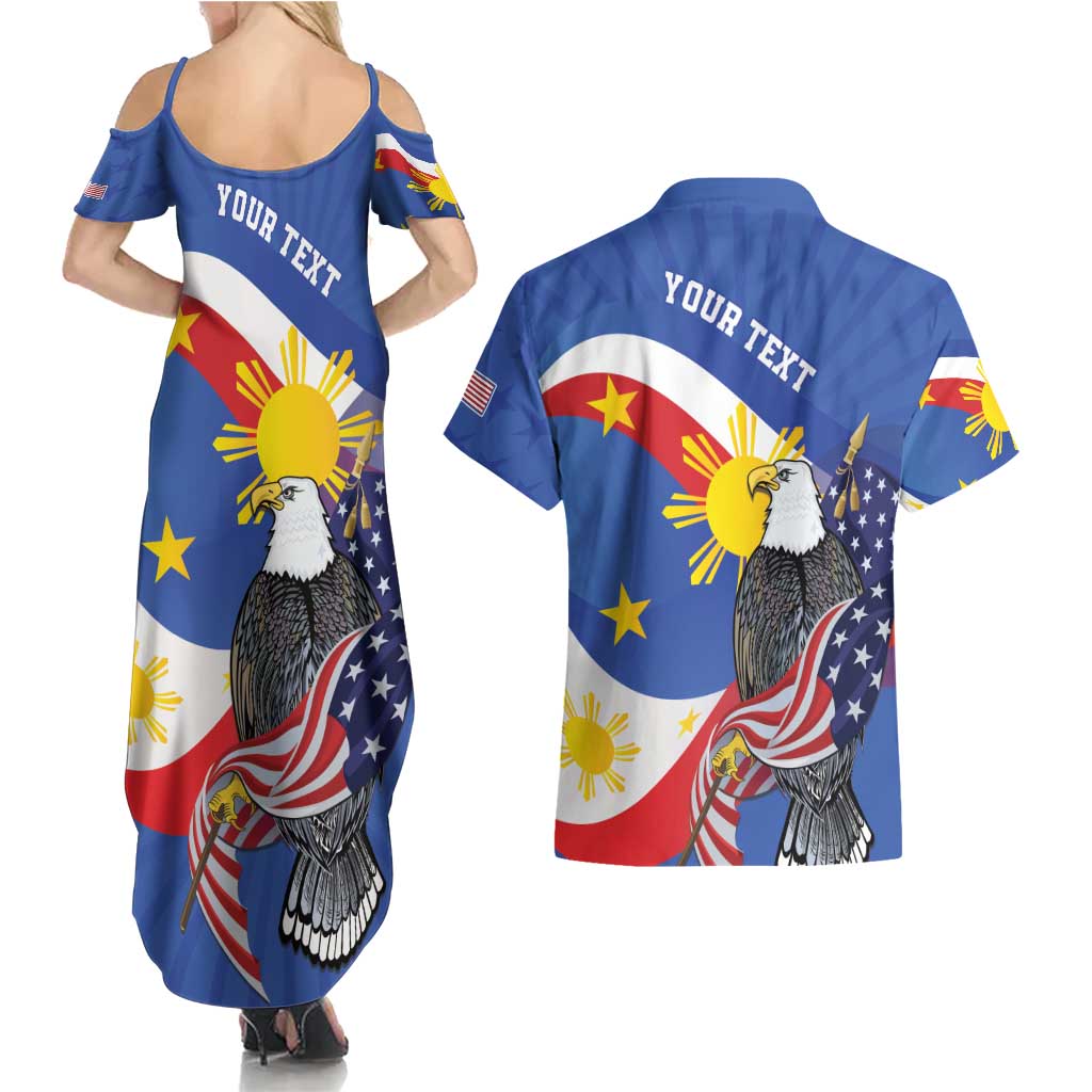 Personalized Filipino-American Couples Matching Summer Maxi Dress and Hawaiian Shirt Philippines Coat Of Arms with Bald Eagle LT9 - Polynesian Pride