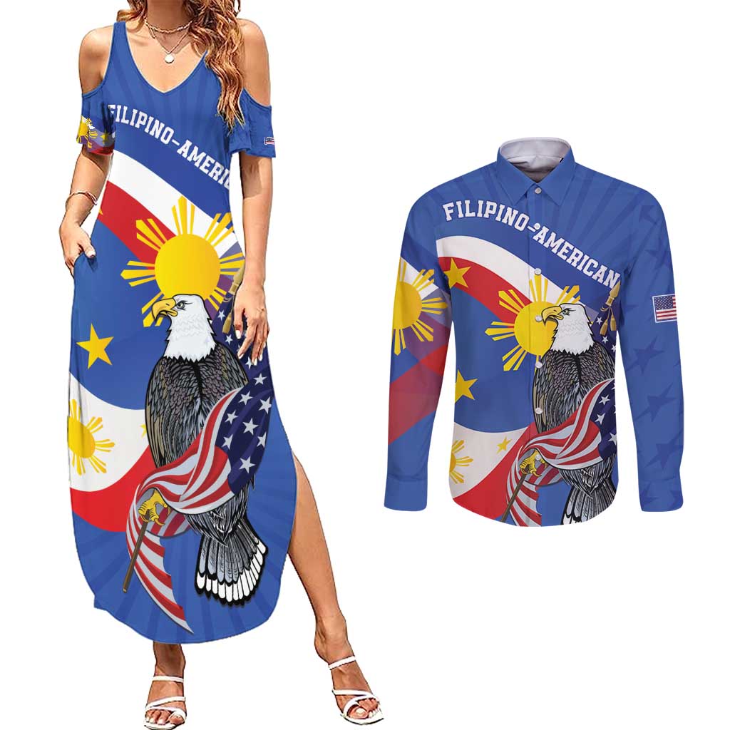 Personalized Filipino-American Couples Matching Summer Maxi Dress and Long Sleeve Button Shirt Philippines Coat Of Arms with Bald Eagle LT9 White - Polynesian Pride