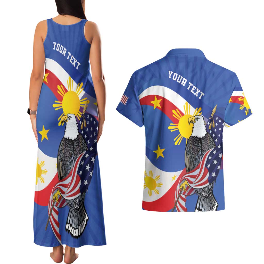 Personalized Filipino-American Couples Matching Tank Maxi Dress and Hawaiian Shirt Philippines Coat Of Arms with Bald Eagle LT9 - Polynesian Pride