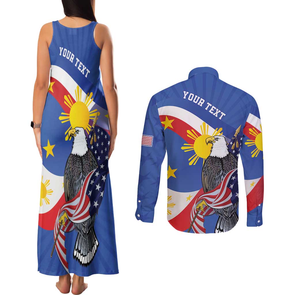 Personalized Filipino-American Couples Matching Tank Maxi Dress and Long Sleeve Button Shirt Philippines Coat Of Arms with Bald Eagle LT9 - Polynesian Pride