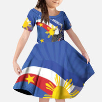 Personalized Filipino-American Family Matching Off The Shoulder Long Sleeve Dress and Hawaiian Shirt Philippines Coat Of Arms with Bald Eagle LT9 Daughter's Dress White - Polynesian Pride