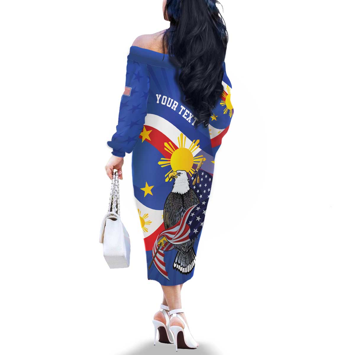 Personalized Filipino-American Family Matching Off The Shoulder Long Sleeve Dress and Hawaiian Shirt Philippines Coat Of Arms with Bald Eagle LT9 - Polynesian Pride