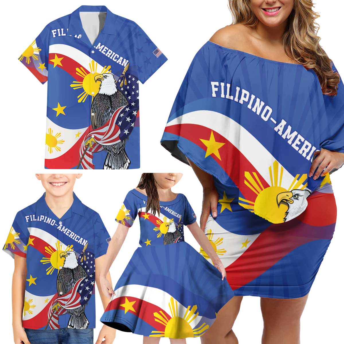 Personalized Filipino-American Family Matching Off Shoulder Short Dress and Hawaiian Shirt Philippines Coat Of Arms with Bald Eagle LT9 - Polynesian Pride