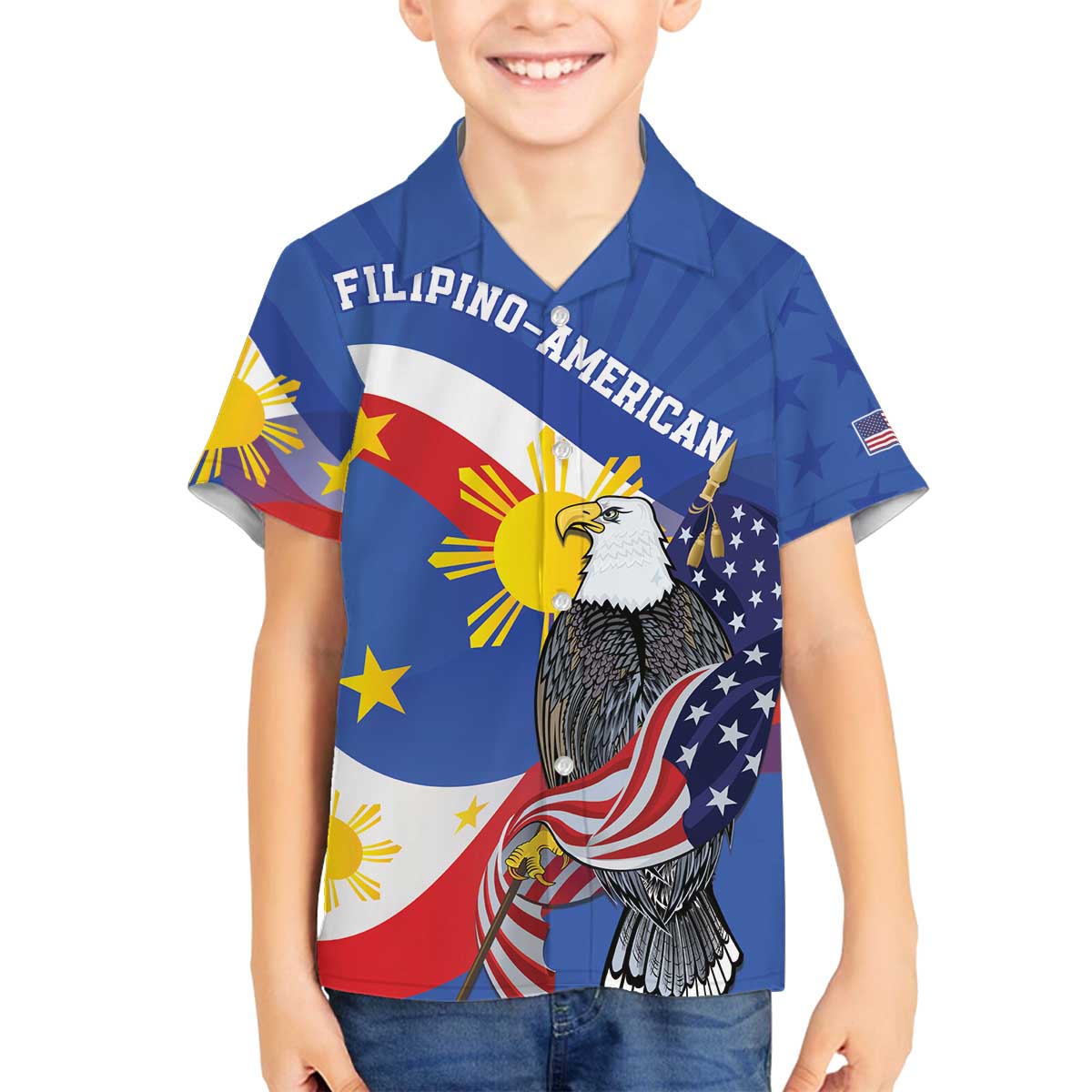 Personalized Filipino-American Family Matching Off Shoulder Short Dress and Hawaiian Shirt Philippines Coat Of Arms with Bald Eagle LT9 Son's Shirt White - Polynesian Pride