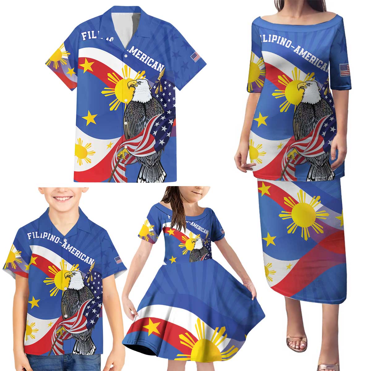 Personalized Filipino-American Family Matching Puletasi and Hawaiian Shirt Philippines Coat Of Arms with Bald Eagle LT9 - Polynesian Pride