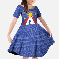 Personalized Pilipinas Eight-Rayed Sun Family Matching Long Sleeve Bodycon Dress and Hawaiian Shirt Philippines Map With Polynesian Style LT9 Daughter's Dress Blue - Polynesian Pride