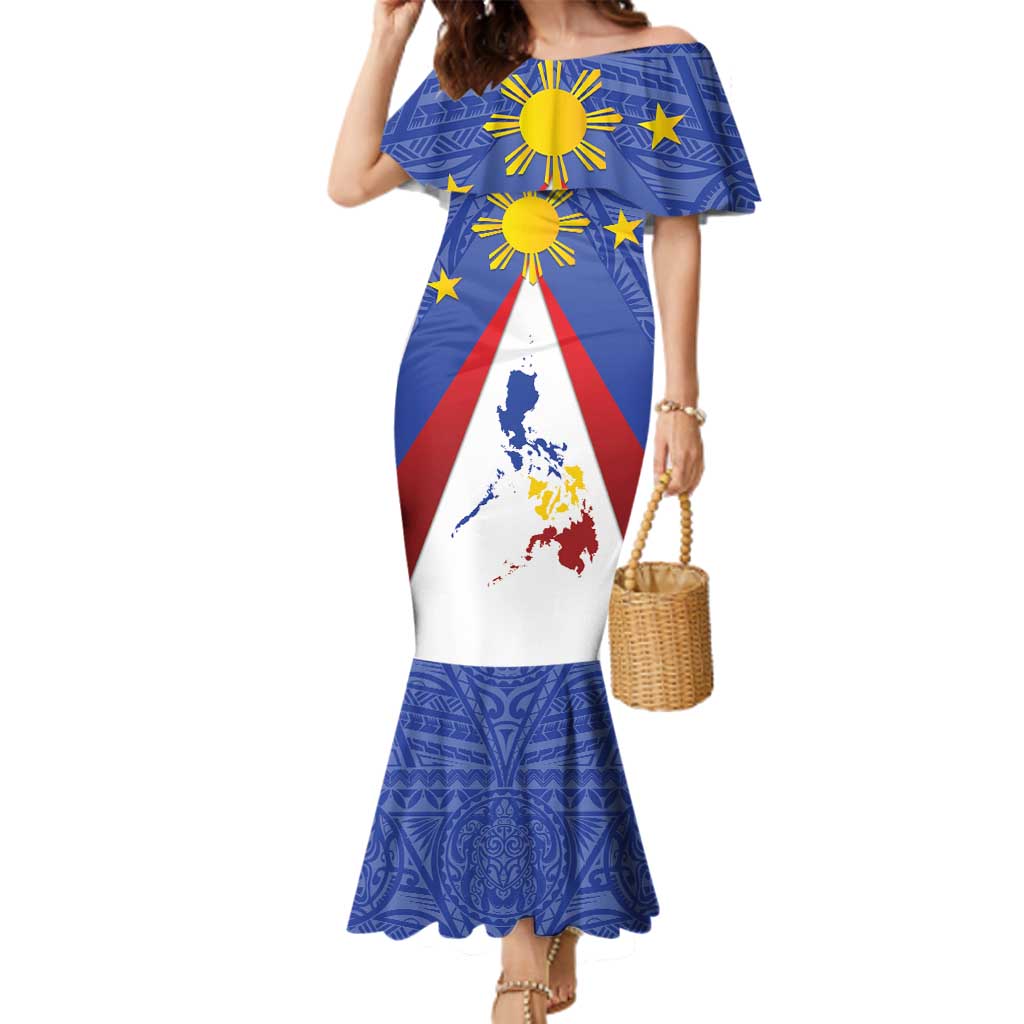 Personalized Pilipinas Eight-Rayed Sun Family Matching Mermaid Dress and Hawaiian Shirt Philippines Map With Polynesian Style LT9 Mom's Dress Blue - Polynesian Pride