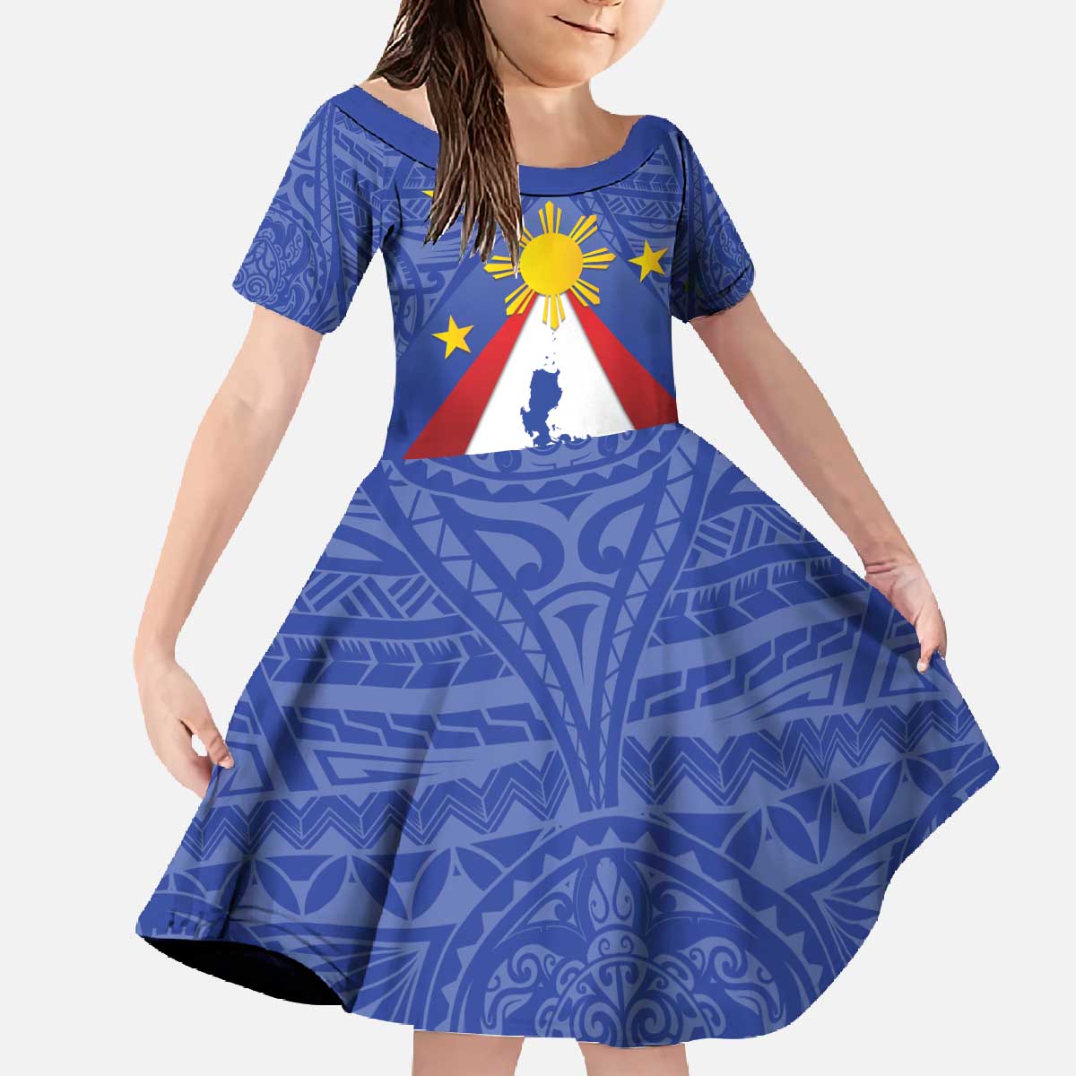 Personalized Pilipinas Eight-Rayed Sun Family Matching Off The Shoulder Long Sleeve Dress and Hawaiian Shirt Philippines Map With Polynesian Style LT9 Daughter's Dress Blue - Polynesian Pride