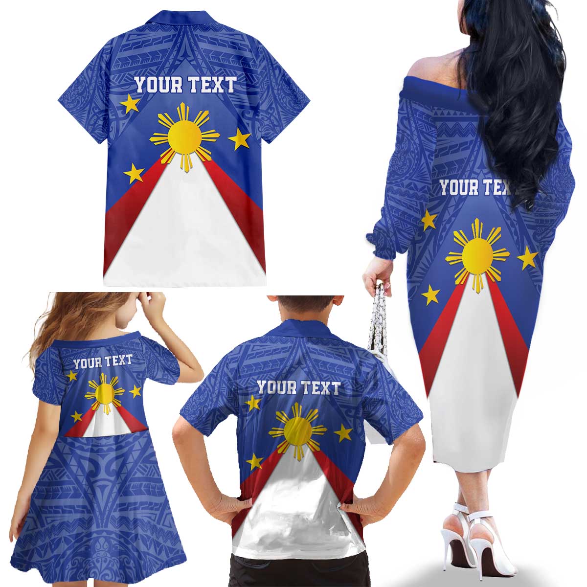 Personalized Pilipinas Eight-Rayed Sun Family Matching Off The Shoulder Long Sleeve Dress and Hawaiian Shirt Philippines Map With Polynesian Style LT9 - Polynesian Pride