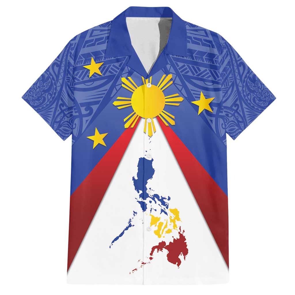Personalized Pilipinas Eight-Rayed Sun Family Matching Off Shoulder Maxi Dress and Hawaiian Shirt Philippines Map With Polynesian Style LT9 Dad's Shirt - Short Sleeve Blue - Polynesian Pride