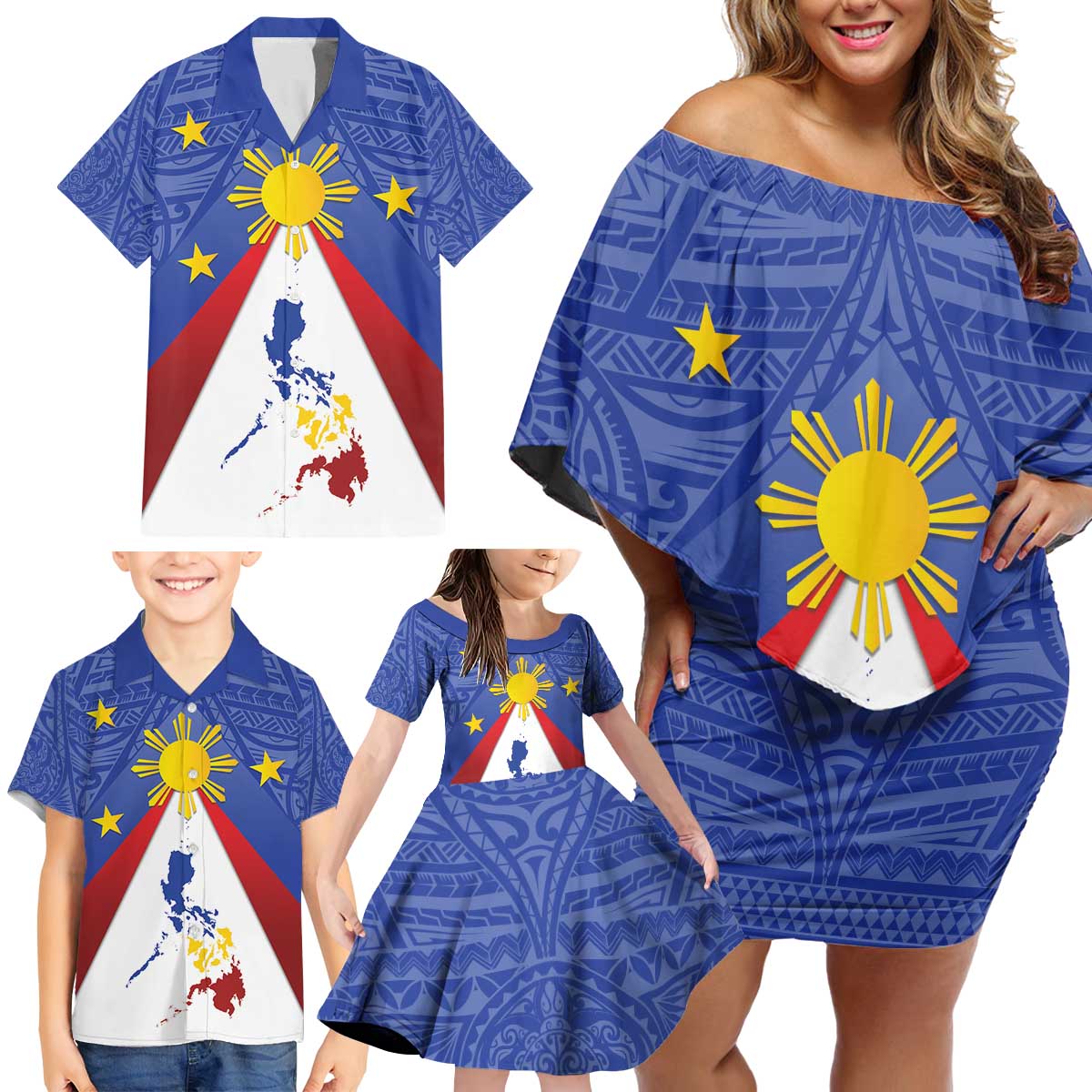 Personalized Pilipinas Eight-Rayed Sun Family Matching Off Shoulder Short Dress and Hawaiian Shirt Philippines Map With Polynesian Style LT9 - Polynesian Pride