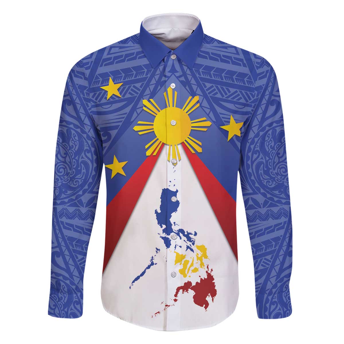 Personalized Pilipinas Eight-Rayed Sun Family Matching Off Shoulder Short Dress and Hawaiian Shirt Philippines Map With Polynesian Style LT9 Dad's Shirt - Long Sleeve Blue - Polynesian Pride