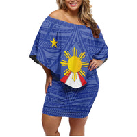 Personalized Pilipinas Eight-Rayed Sun Family Matching Off Shoulder Short Dress and Hawaiian Shirt Philippines Map With Polynesian Style LT9 Mom's Dress Blue - Polynesian Pride
