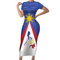 Personalized Pilipinas Eight-Rayed Sun Family Matching Short Sleeve Bodycon Dress and Hawaiian Shirt Philippines Map With Polynesian Style LT9 Mom's Dress Blue - Polynesian Pride