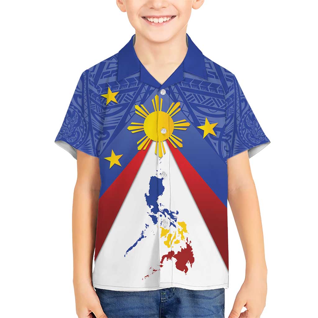 Personalized Pilipinas Eight-Rayed Sun Kid Hawaiian Shirt Philippines Map With Polynesian Style LT9 Kid Blue - Polynesian Pride