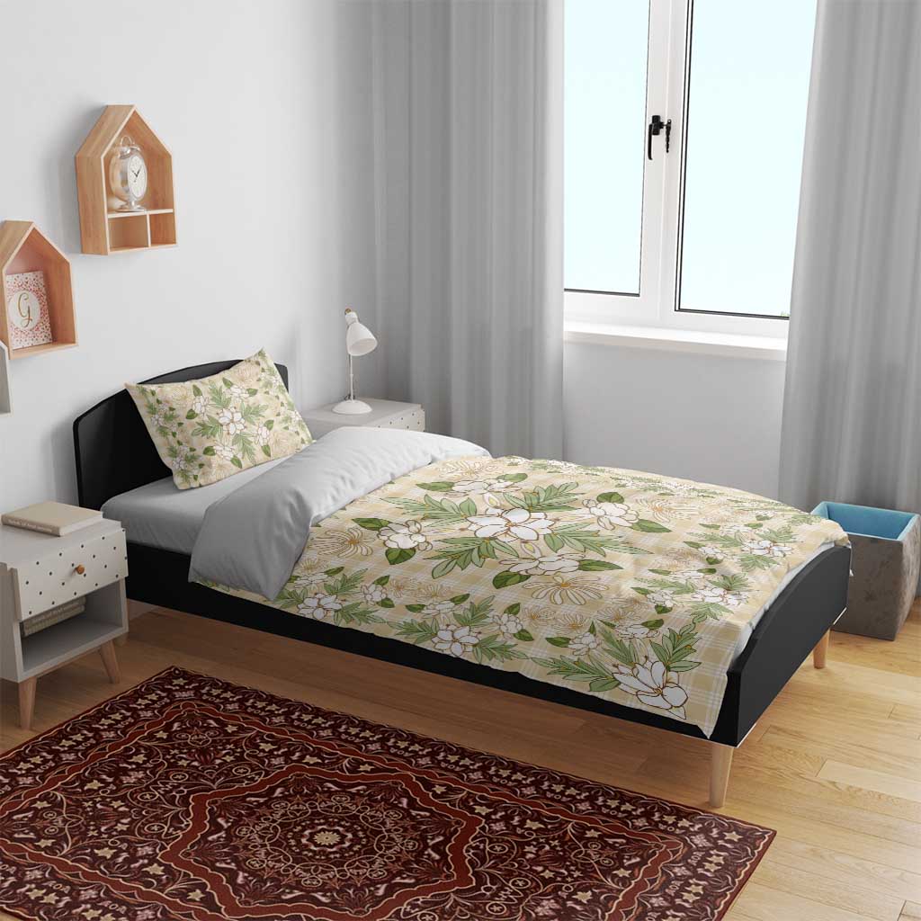 Squares Maile Leaf Bedding Set Beige Palaka Hawaiian Quilt Pattern - Polynesian Pride