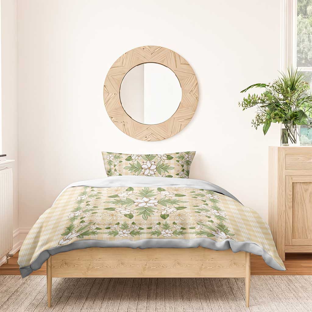 Squares Maile Leaf Bedding Set Beige Palaka Hawaiian Quilt Pattern - Polynesian Pride