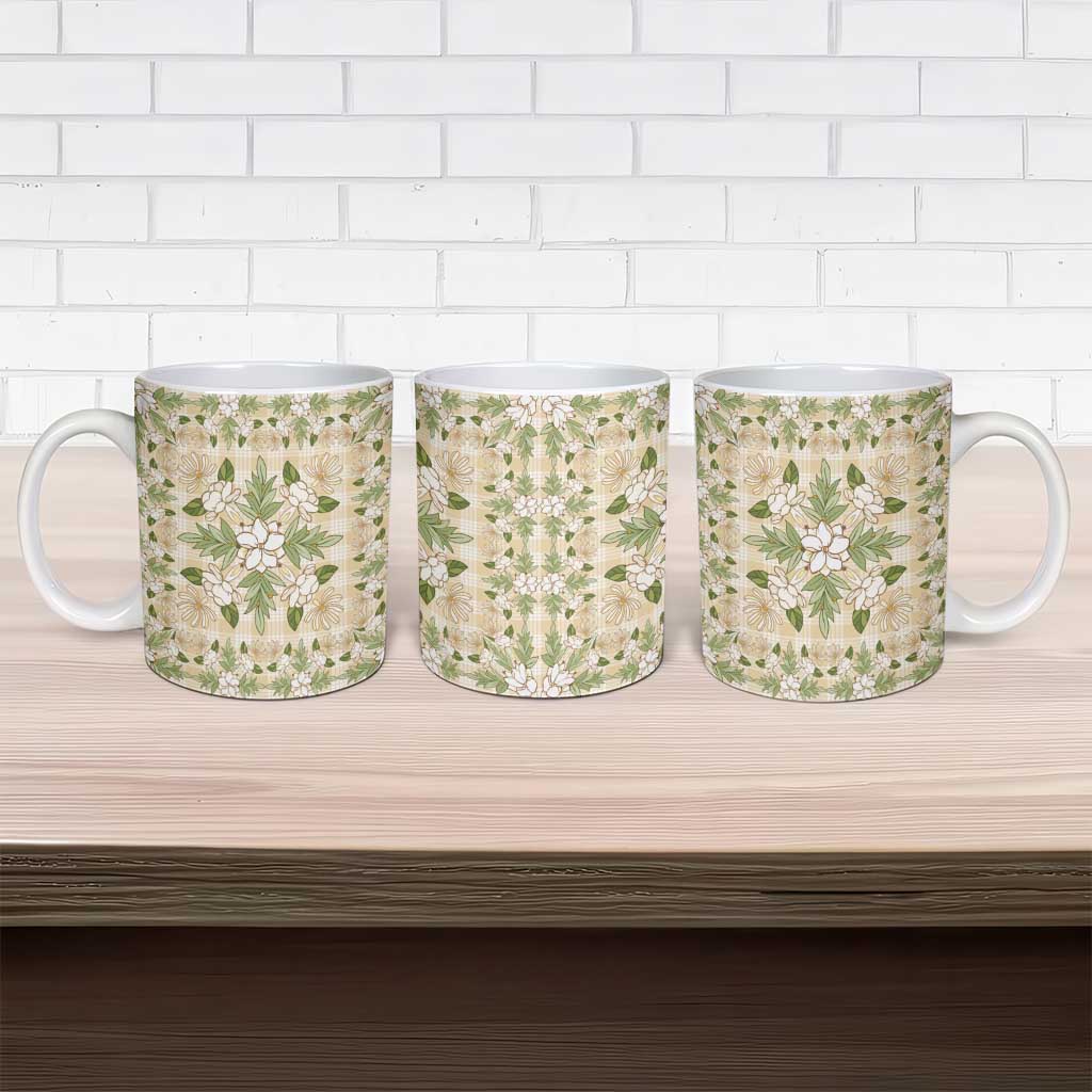 Squares Maile Leaf Ceramic Mug Beige Palaka Hawaiian Quilt Pattern - Polynesian Pride