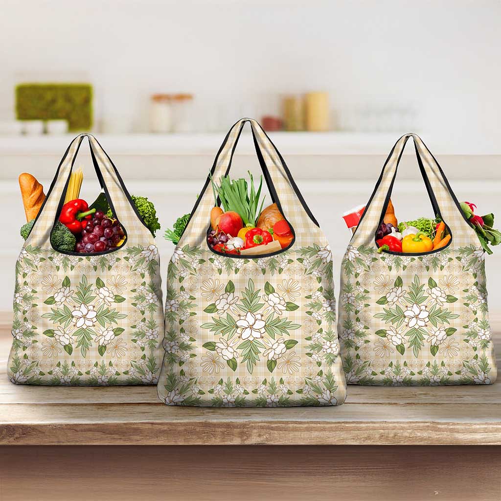 Squares Maile Leaf Grocery Bag Beige Palaka Hawaiian Quilt Pattern - Polynesian Pride