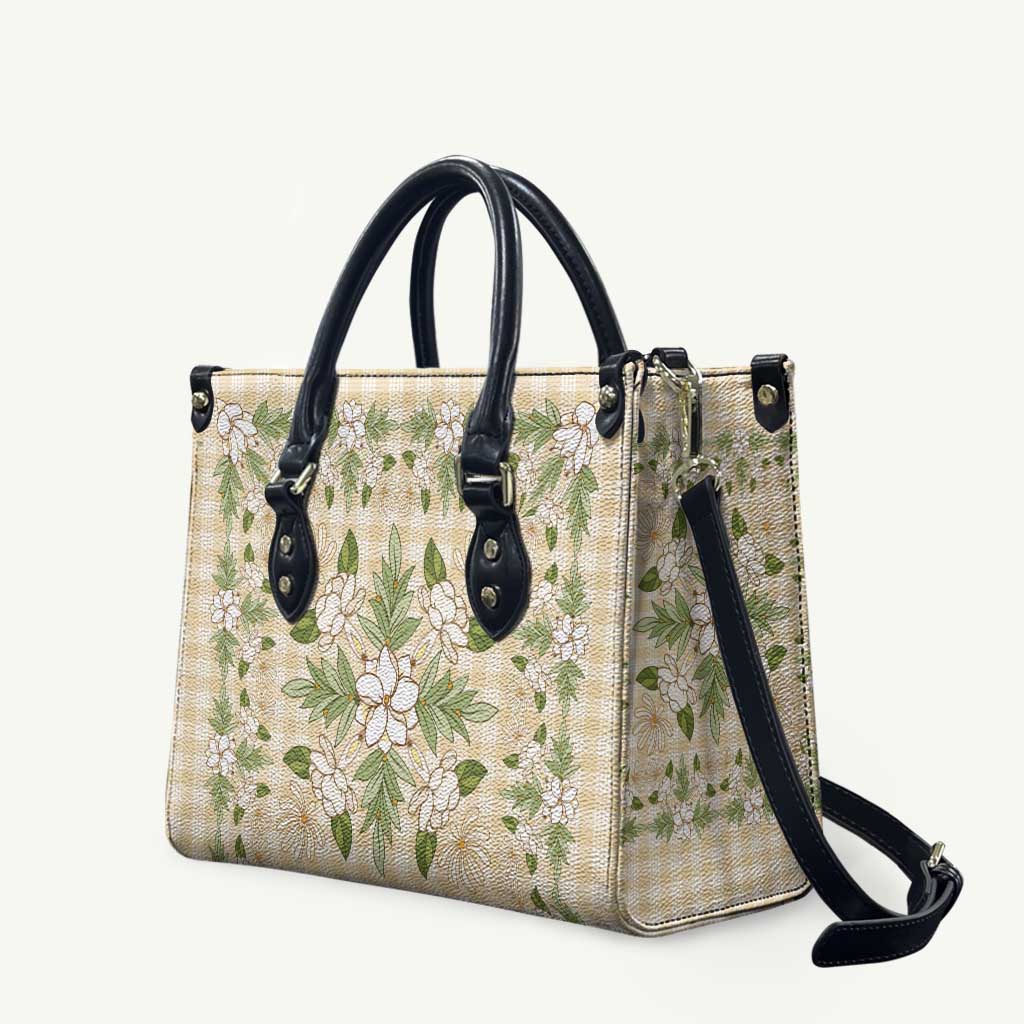 Squares Maile Leaf Leather Bag Beige Palaka Hawaiian Quilt Pattern - Polynesian Pride