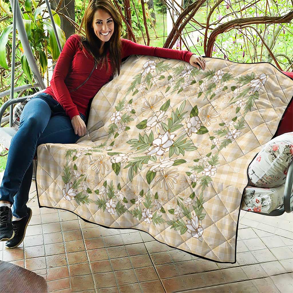 Squares Maile Leaf Quilt Beige Palaka Hawaiian Quilt Pattern - Polynesian Pride