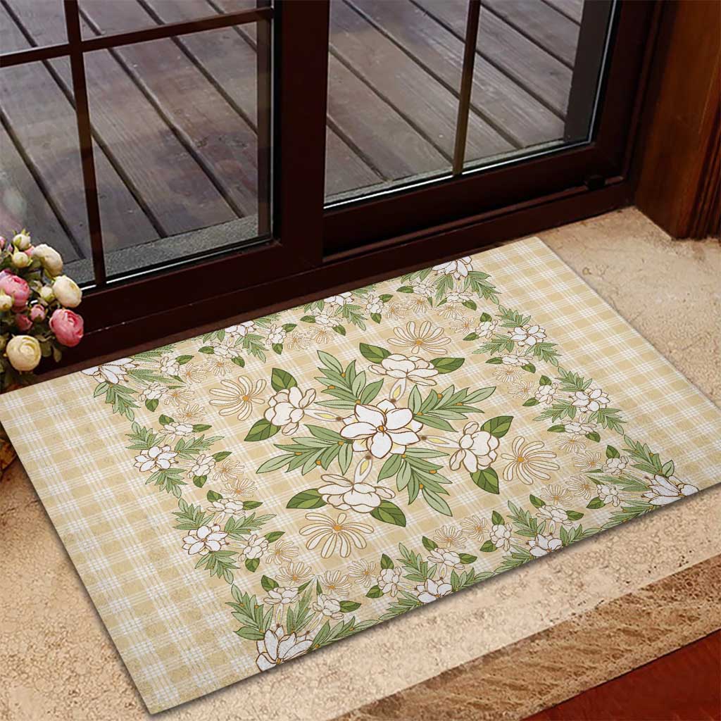 Squares Maile Leaf Rubber Doormat Beige Palaka Hawaiian Quilt Pattern - Polynesian Pride