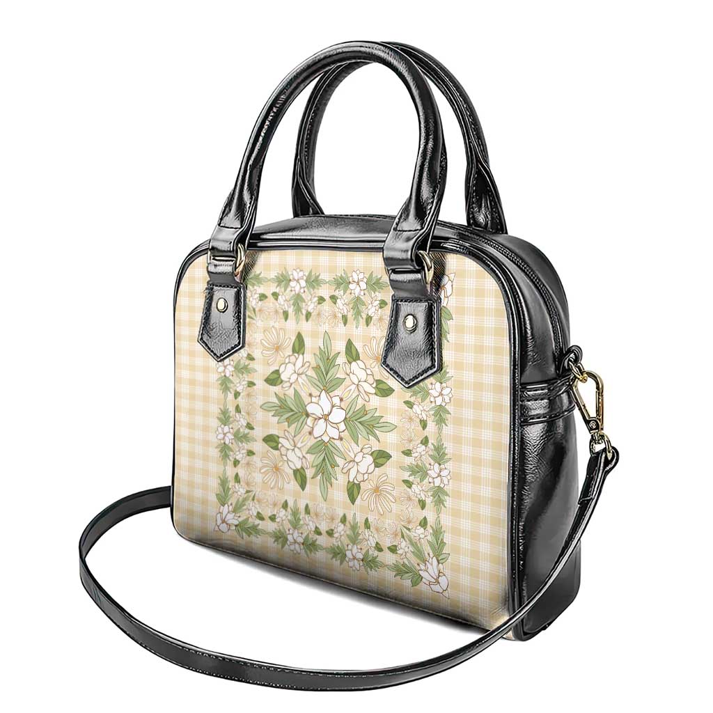 Squares Maile Leaf Shoulder Handbag Beige Palaka Hawaiian Quilt Pattern - Polynesian Pride