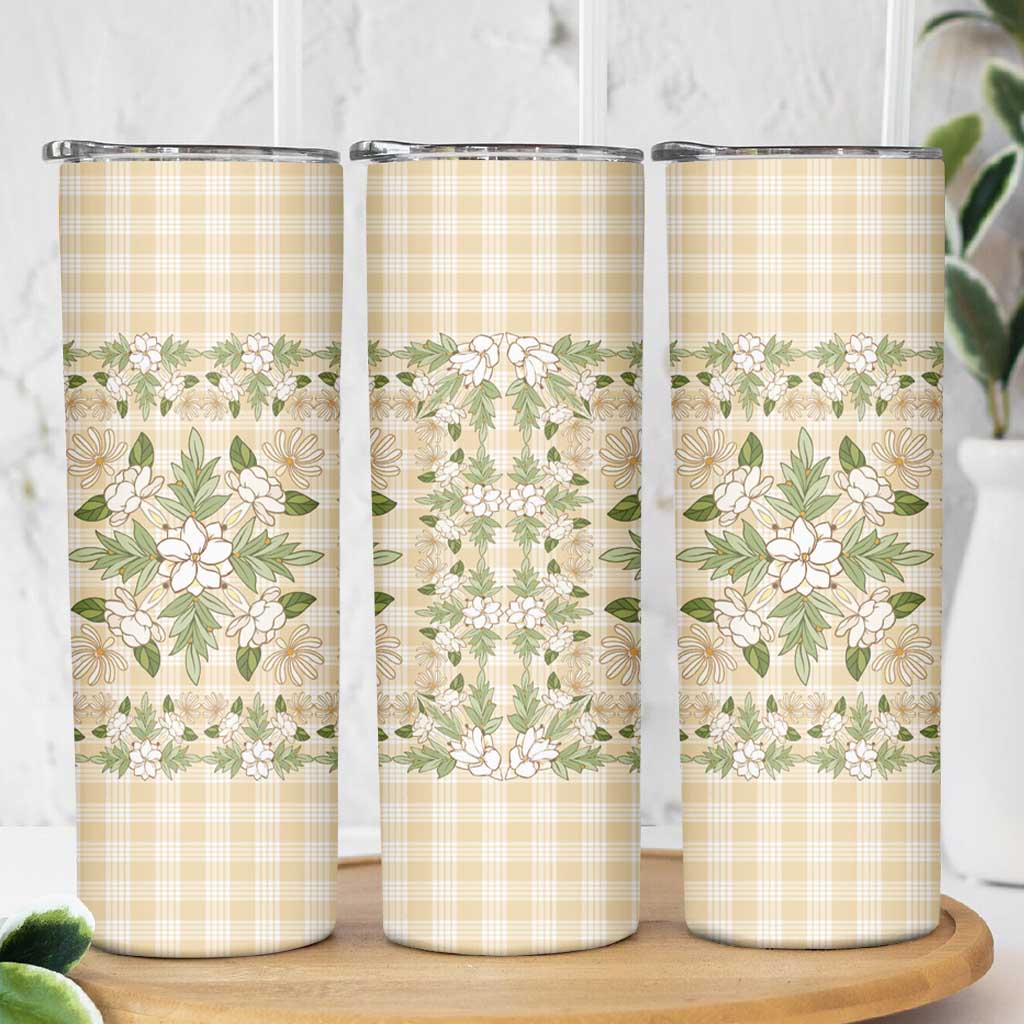 Squares Maile Leaf Skinny Tumbler Beige Palaka Hawaiian Quilt Pattern - Polynesian Pride