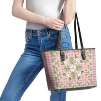 Squares Maile Leaf Leather Tote Bag Pink Palaka Hawaiian Quilt Pattern - Polynesian Pride