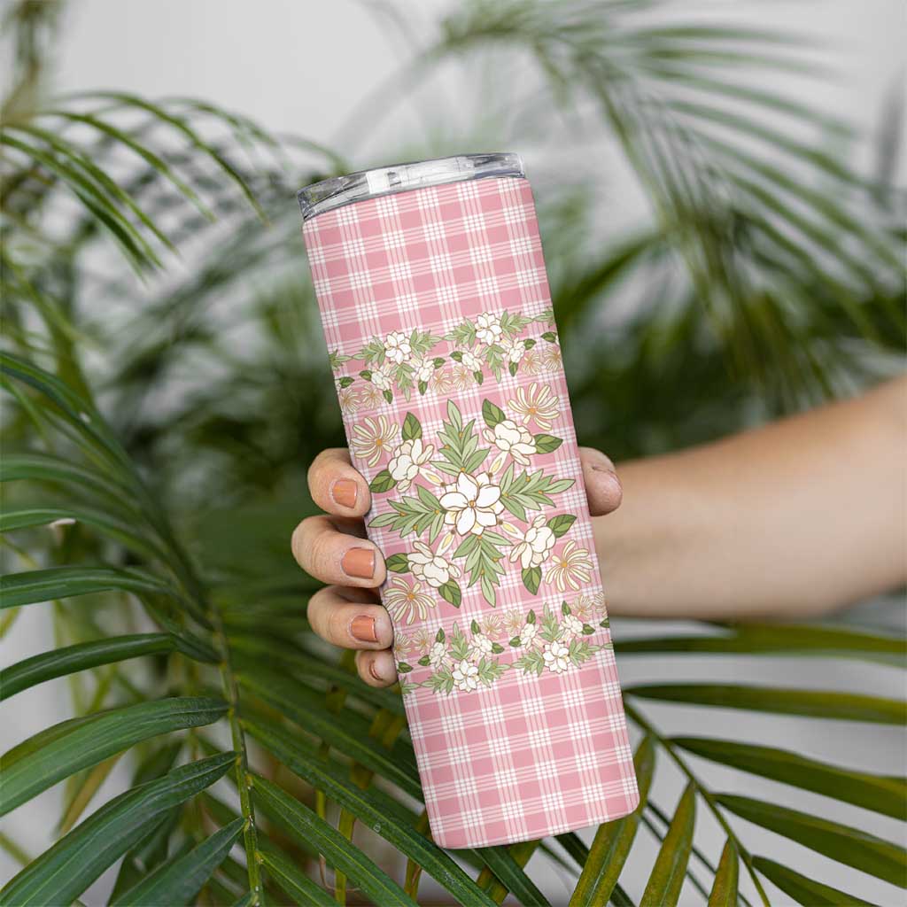 Squares Maile Leaf Skinny Tumbler Pink Palaka Hawaiian Quilt Pattern - Polynesian Pride