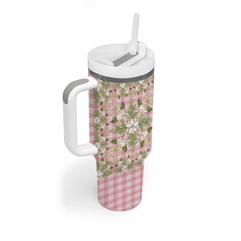 Squares Maile Leaf Tumbler With Handle Pink Palaka Hawaiian Quilt Pattern - Polynesian Pride