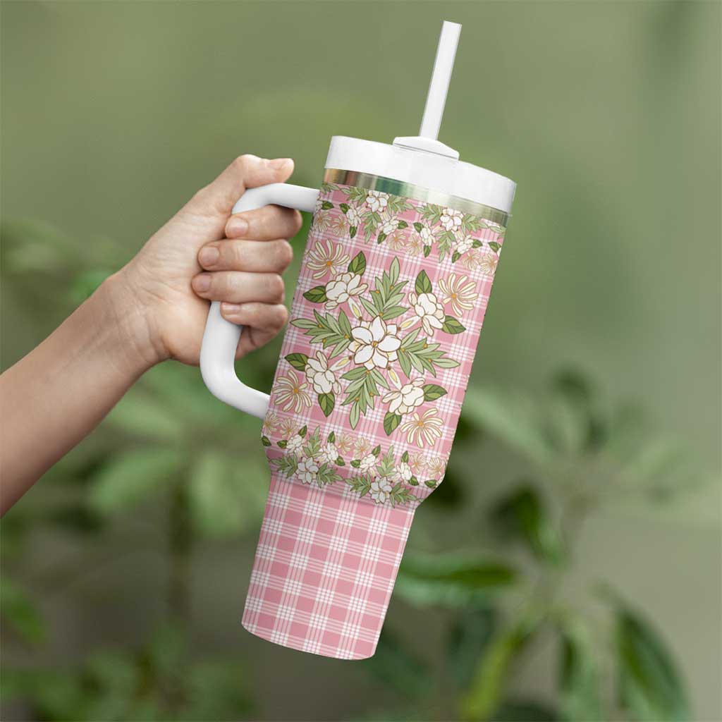 Squares Maile Leaf Tumbler With Handle Pink Palaka Hawaiian Quilt Pattern - Polynesian Pride
