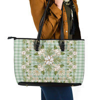 Squares Maile Leaf Leather Tote Bag Turquoise Palaka Hawaiian Quilt Pattern - Polynesian Pride