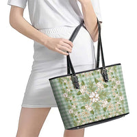 Squares Maile Leaf Leather Tote Bag Turquoise Palaka Hawaiian Quilt Pattern - Polynesian Pride