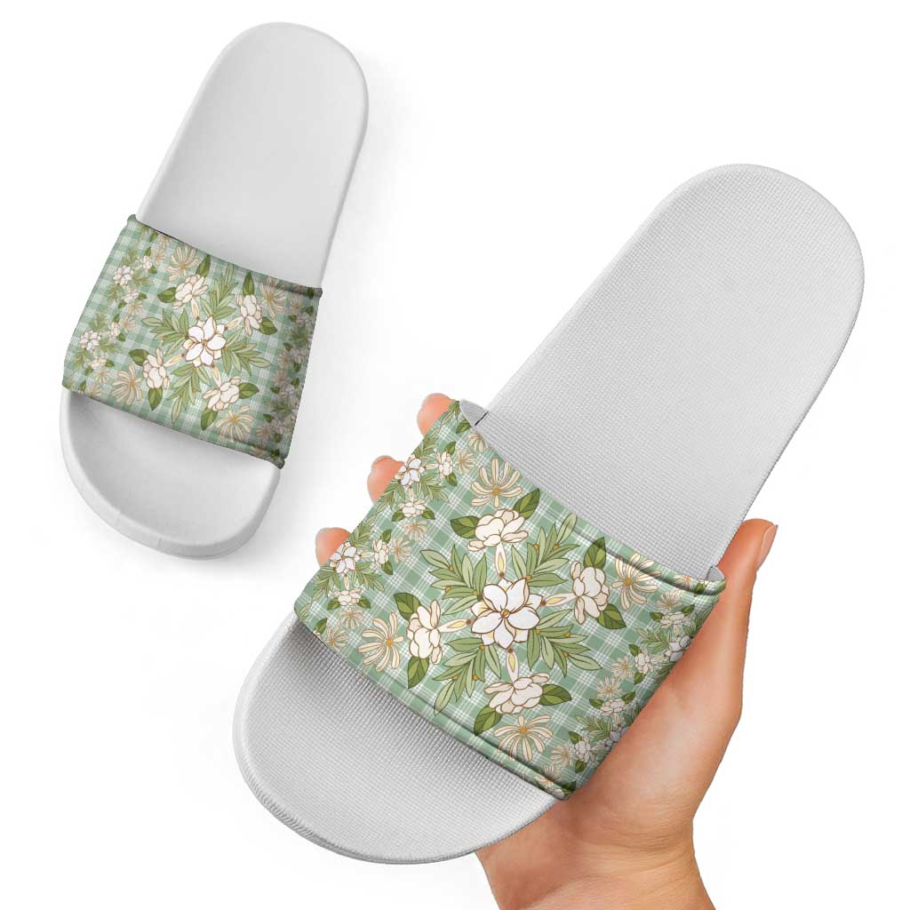 Squares Maile Leaf Slide Sandals Turquoise Palaka Hawaiian Quilt Pattern - Polynesian Pride