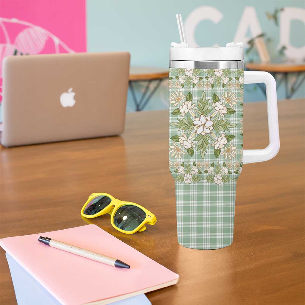 Squares Maile Leaf Tumbler With Handle Turquoise Palaka Hawaiian Quilt Pattern - Polynesian Pride