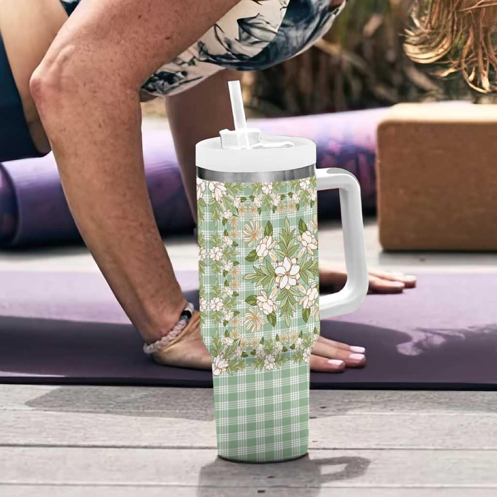 Squares Maile Leaf Tumbler With Handle Turquoise Palaka Hawaiian Quilt Pattern - Polynesian Pride