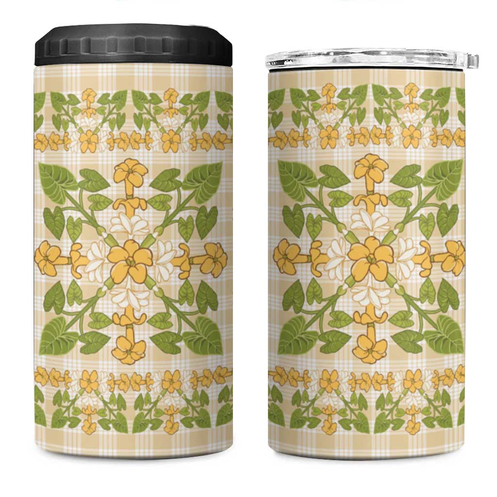 Squares Puakenikeni and Kalo 4 in 1 Can Cooler Tumbler Beige Palaka Hawaiian Quilt Pattern LT9 One Size: 16 oz Beige - Polynesian Pride