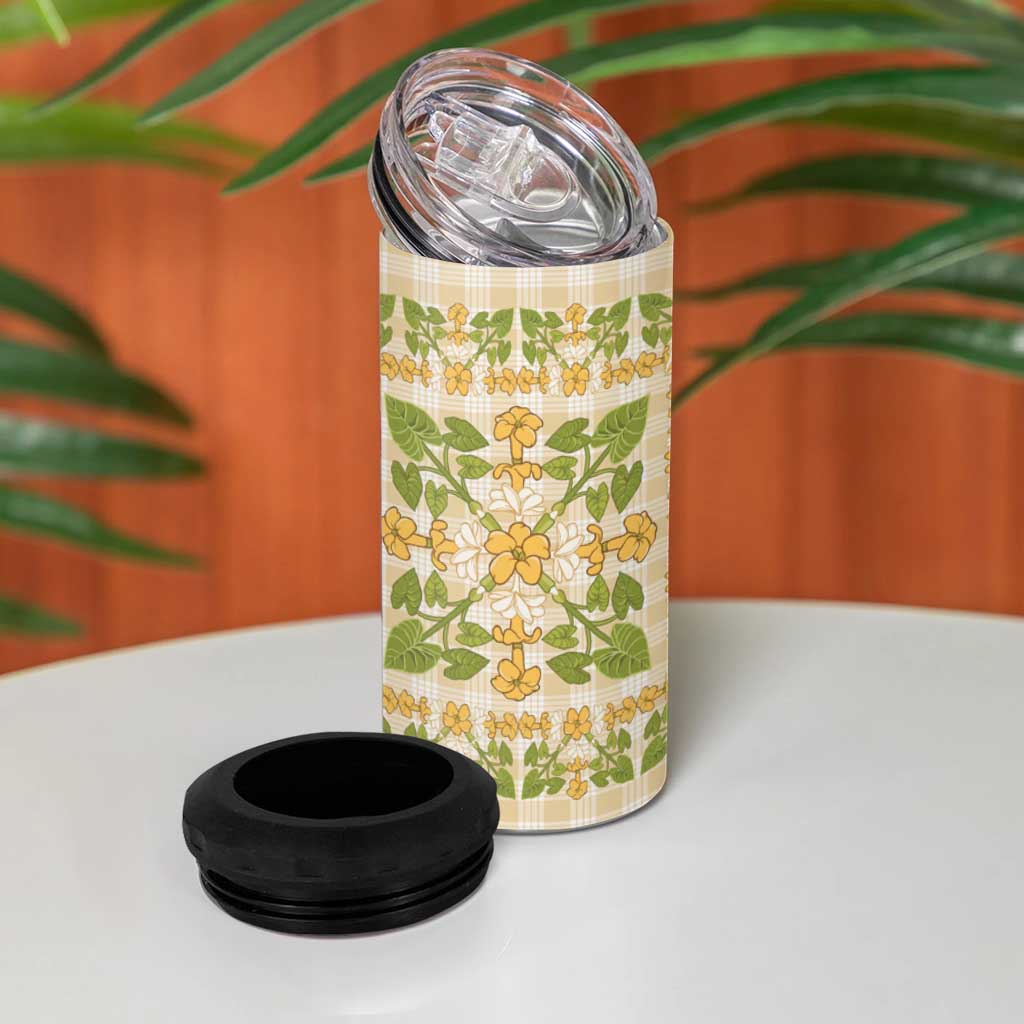 Squares Puakenikeni and Kalo 4 in 1 Can Cooler Tumbler Beige Palaka Hawaiian Quilt Pattern LT9 - Polynesian Pride