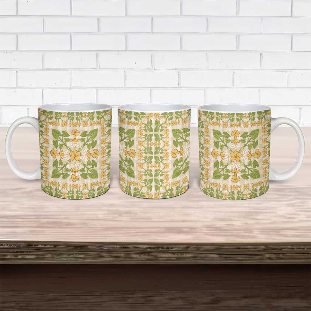 Squares Puakenikeni and Kalo Ceramic Mug Beige Palaka Hawaiian Quilt Pattern - Polynesian Pride
