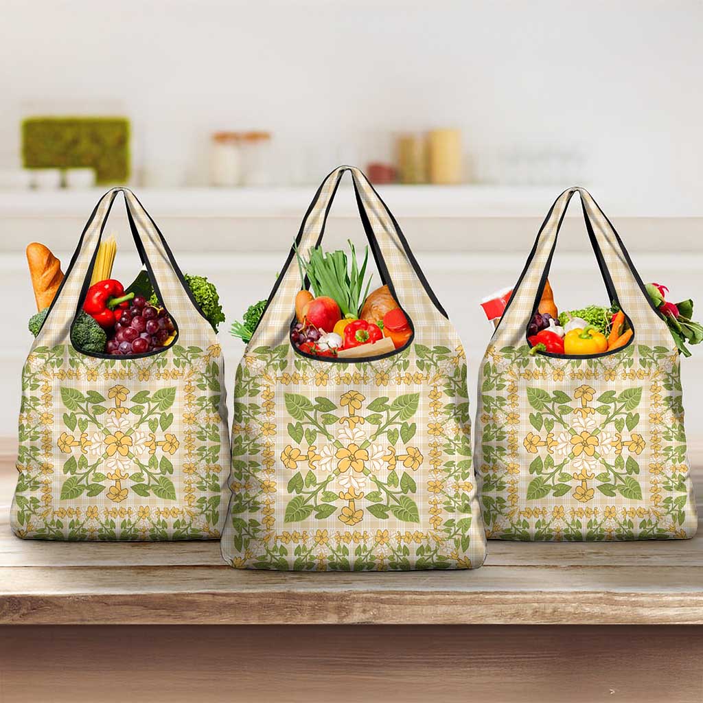Squares Puakenikeni and Kalo Grocery Bag Beige Palaka Hawaiian Quilt Pattern - Polynesian Pride